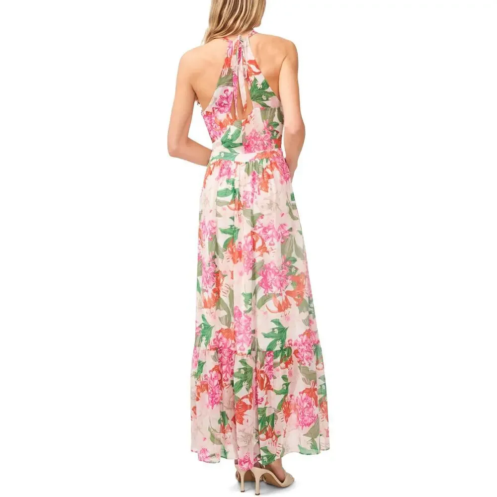 CeCe Pink Floral Print Halter Neck Tie Back Cut Out Pleated Maxi Dress Size 14W - Picture 9 of 9